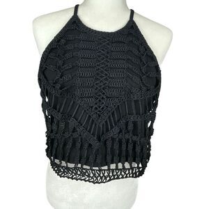 Boho Crochet Front Cropped High Neck Top Black L